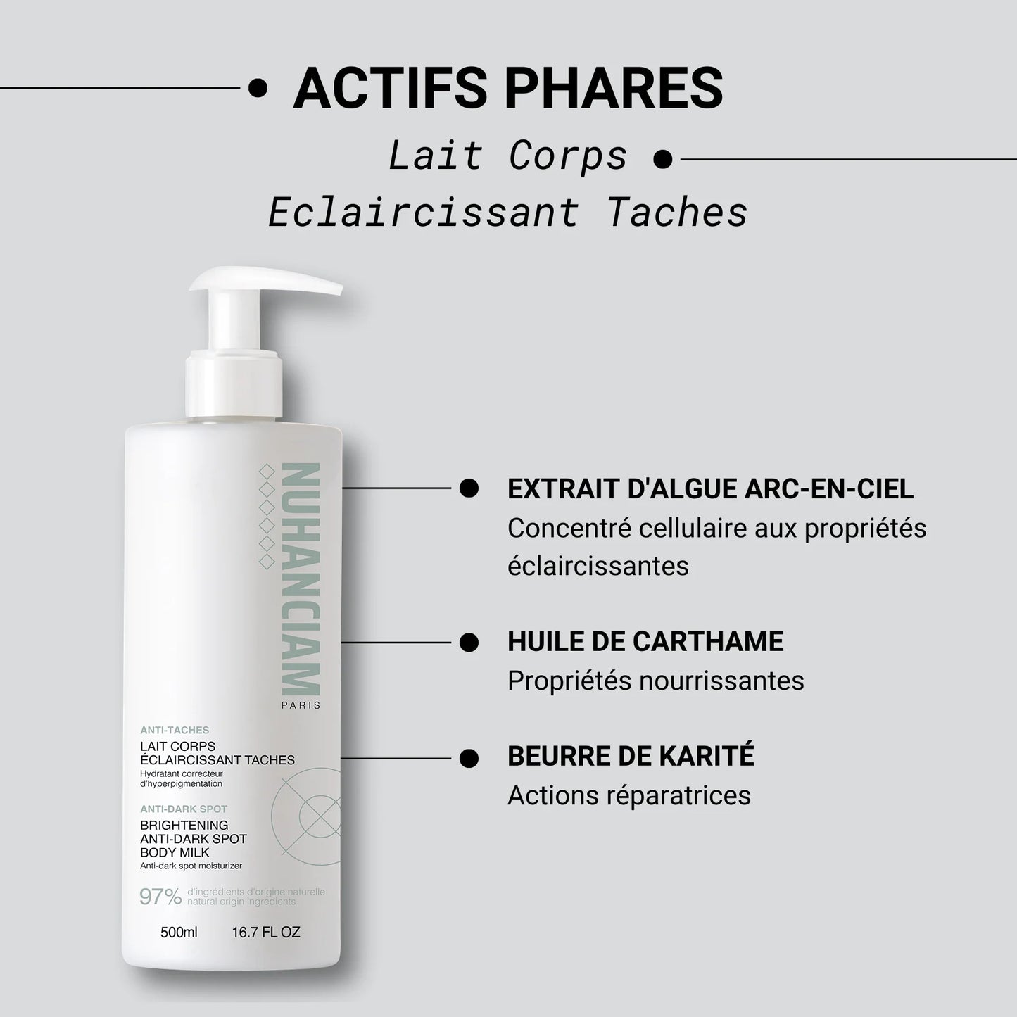 Nuhanciam Lait Corps Éclaircissant Anti-Taches 500ml – Hydratation & Uniformité