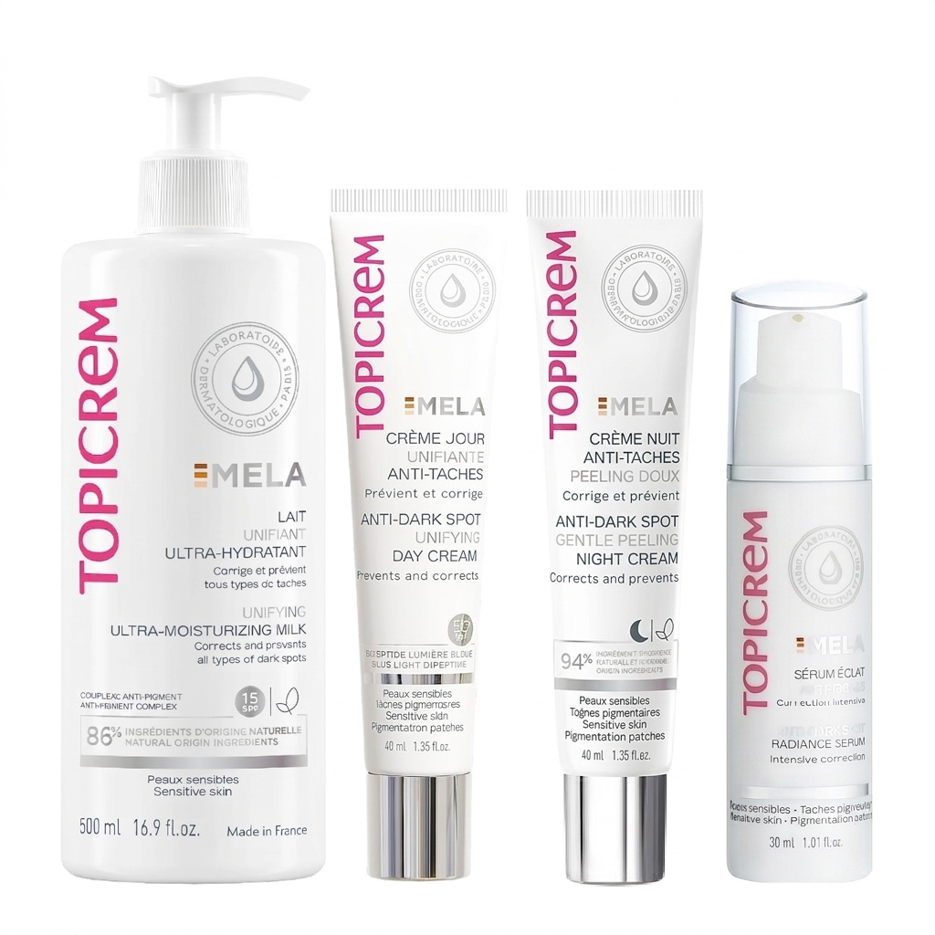 Topicrem Mela – Pack Gamme Lait 500ml+Sérum+Crème Nuit+Crème Jour