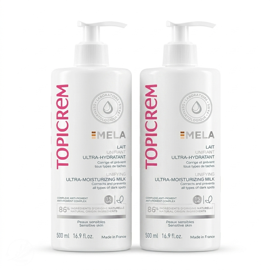 Topicrem MELA Duo Lait Unifiant SPF15 2x500ml – Anti-Taches, Hydratation & Éclat